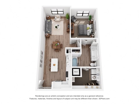 A 3D floor plan of a small apartment with a kitchen, living room, and bathroom.